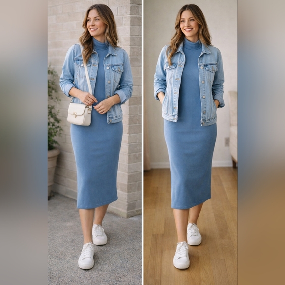 Zara Dresses & Skirts - ZARA Ribbed Sleeveless Turtleneck Bodycon Midi Dress Blue Size Small